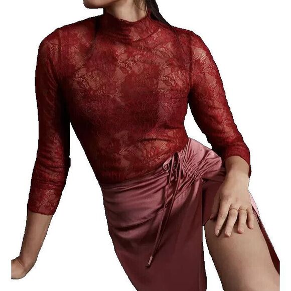 Anthropologie OB1565992 Women's Sz M Red Lace Layering Mock Neck L/S Top - Picture 6 of 7
